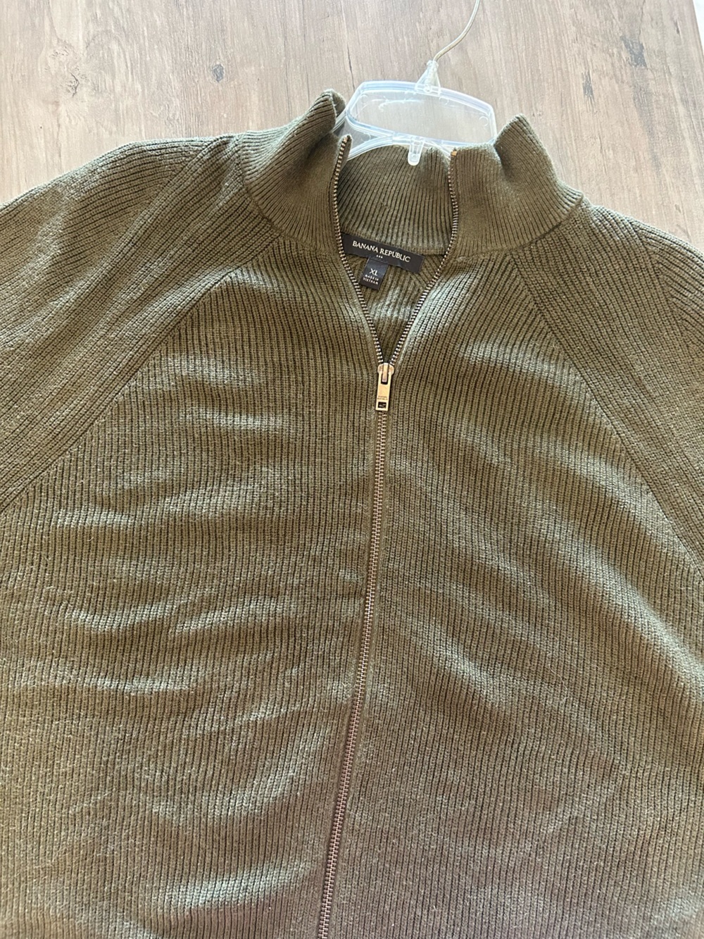 Banana Republic Cardigan Sweater Men's XL Green Full Zip Bomber Ribbed Preppy